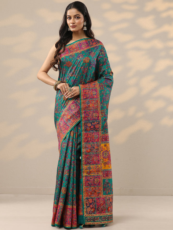Green Printed Silk Blend Saree With Unstitched Blouse Piece