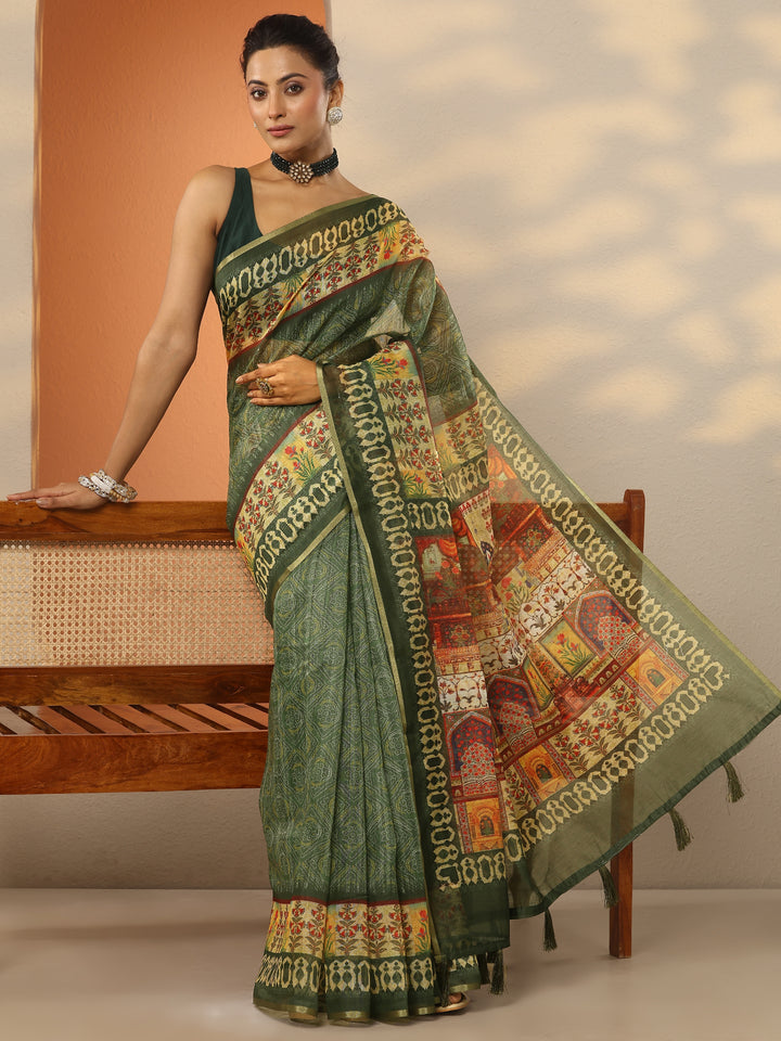 Green Printed Silk Blend Saree With Unstitched Blouse Piece