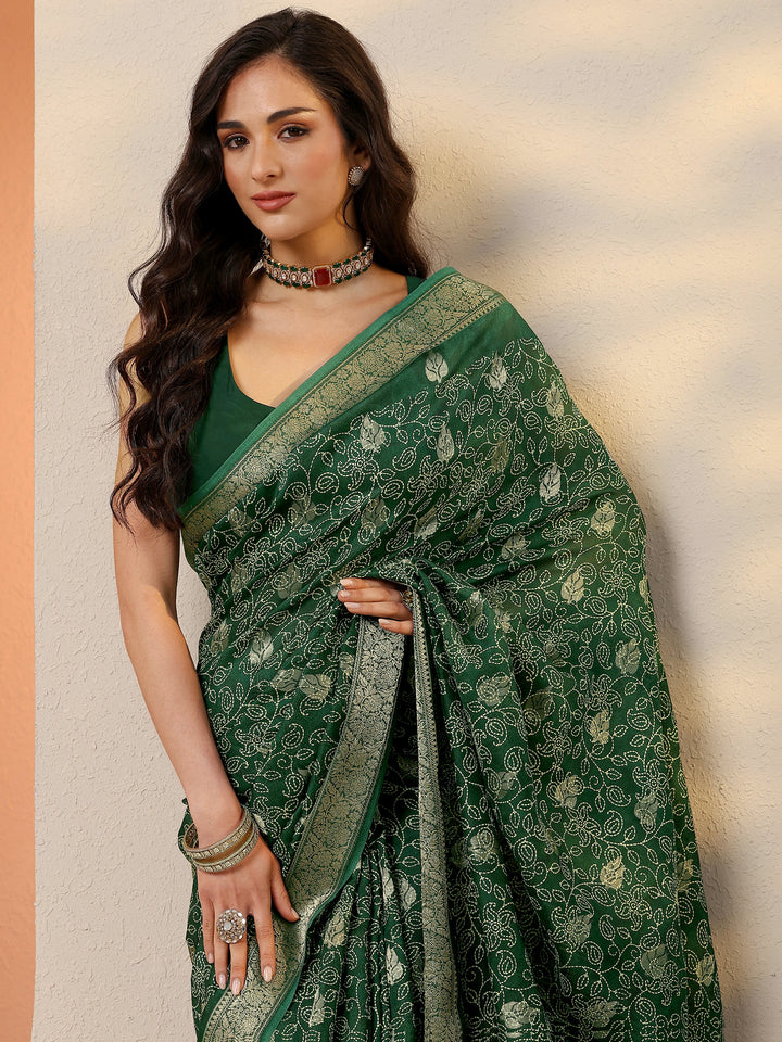 Green Printed Silk Blend Saree With Unstitched Blouse Piece