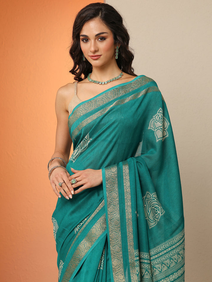 Green Printed Silk Blend Saree With Unstitched Blouse Piece