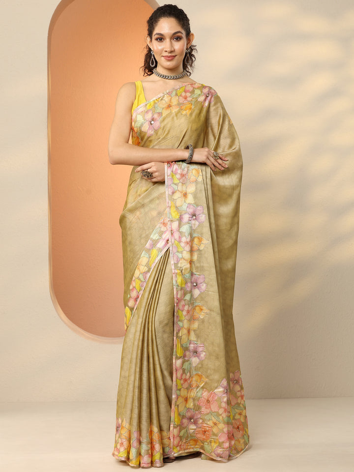 Green Printed Silk Blend Saree With Unstitched Blouse Piece