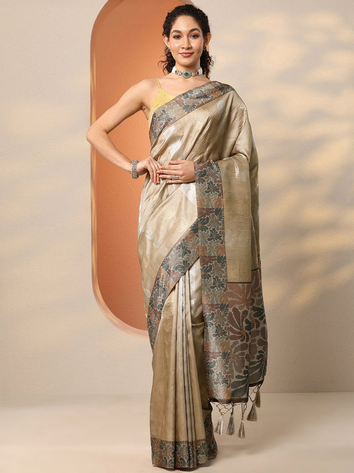 Green Printed Silk Blend Saree With Unstitched Blouse Piece