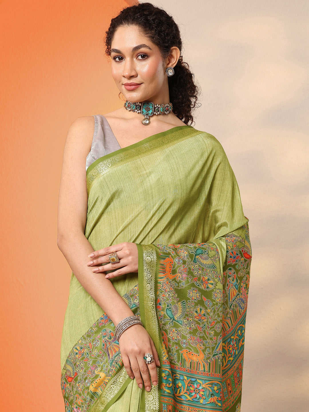 Green Printed Silk Blend Saree With Unstitched Blouse Piece