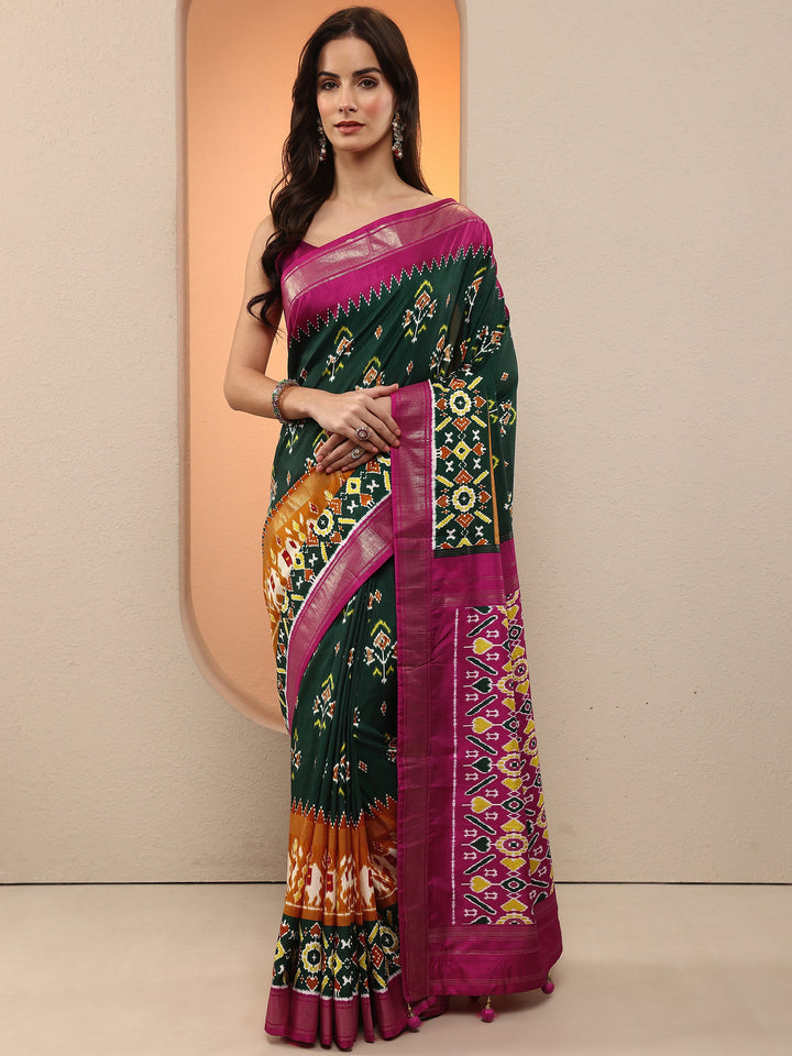 Green Printed Silk Blend Saree With Unstitched Blouse Piece