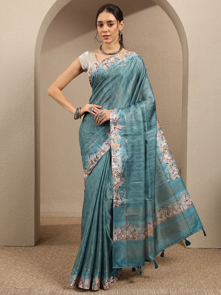 Green Printed Silk Blend Saree With Unstitched Blouse Piece