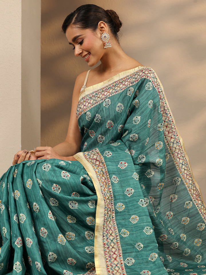Green Printed Silk Blend Saree With Unstitched Blouse Piece
