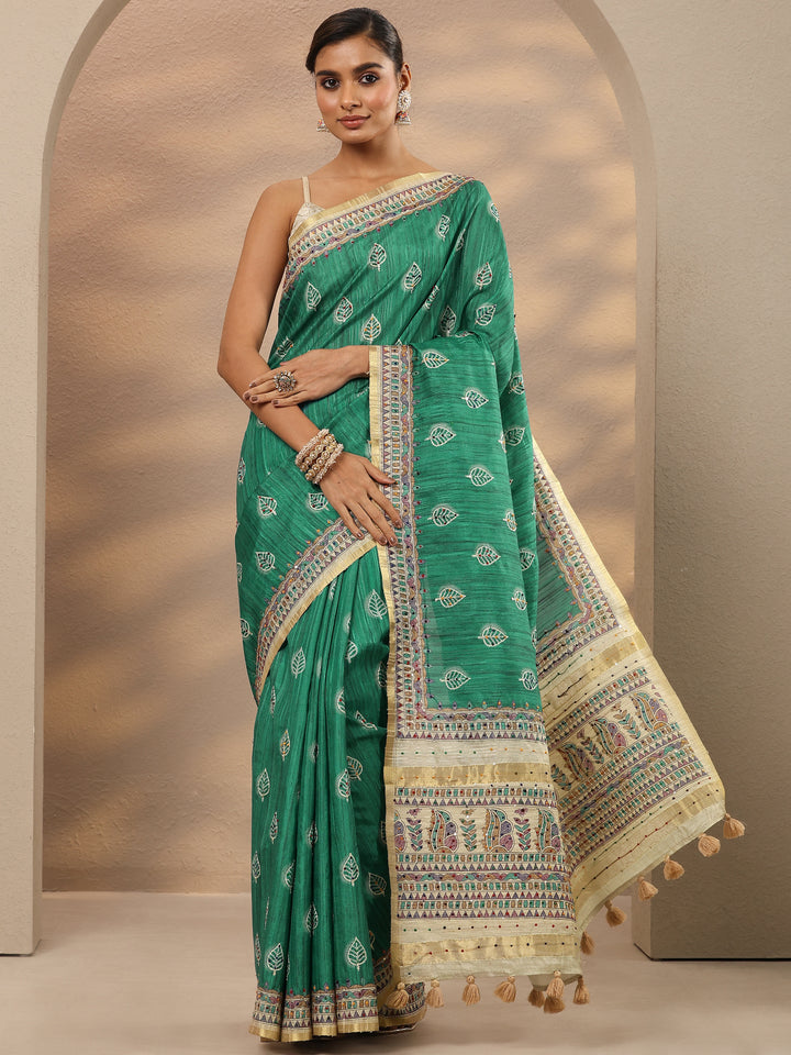 Green Printed Silk Blend Saree With Unstitched Blouse Piece