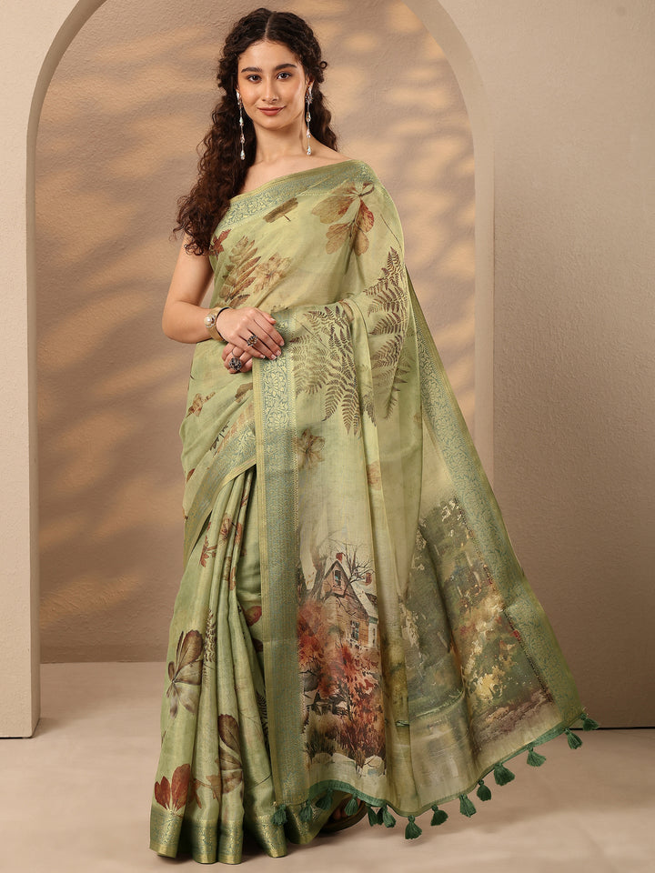 Green Printed Silk Blend Saree With Unstitched Blouse Piece