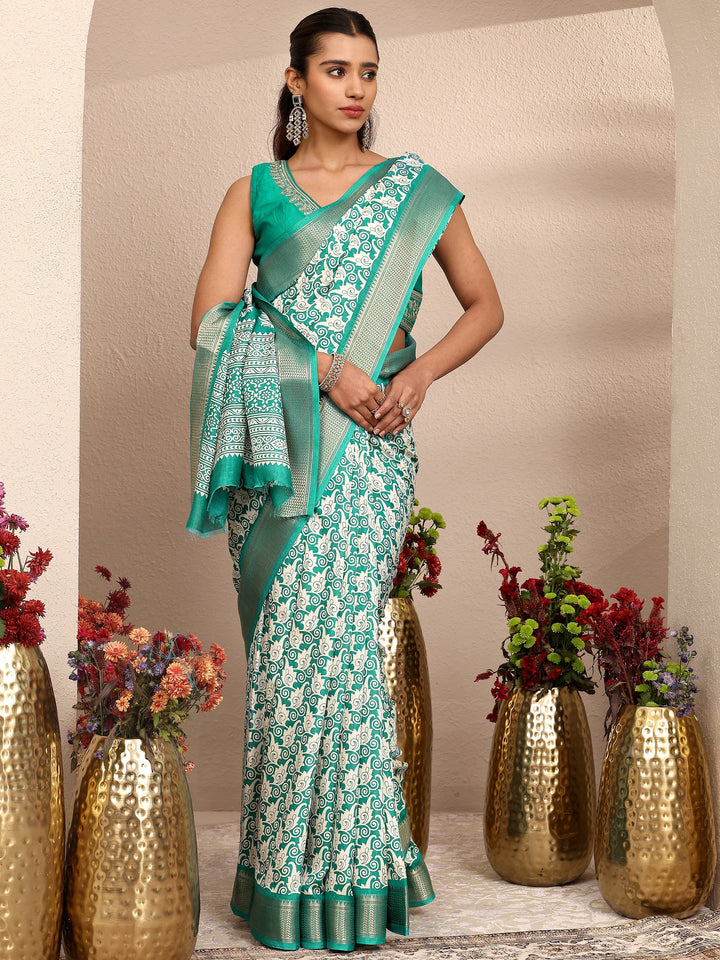 Green Printed Silk Blend Saree With Unstitched Blouse Piece