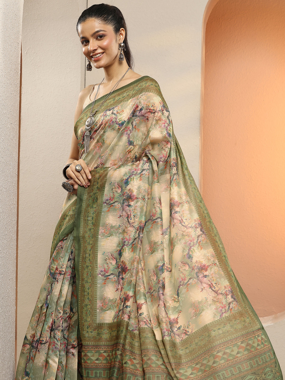 Green Printed Silk Blend Sarees With Unstitched Blouse Piece