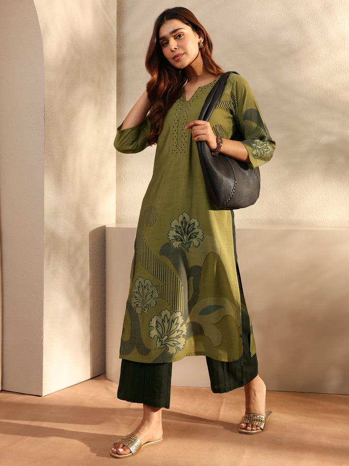 Green Printed Silk Blend Straight Kurta