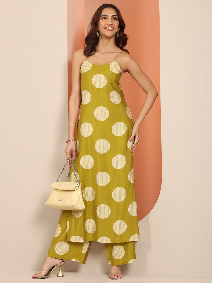 Green Printed Silk Blend Straight Kurta Set