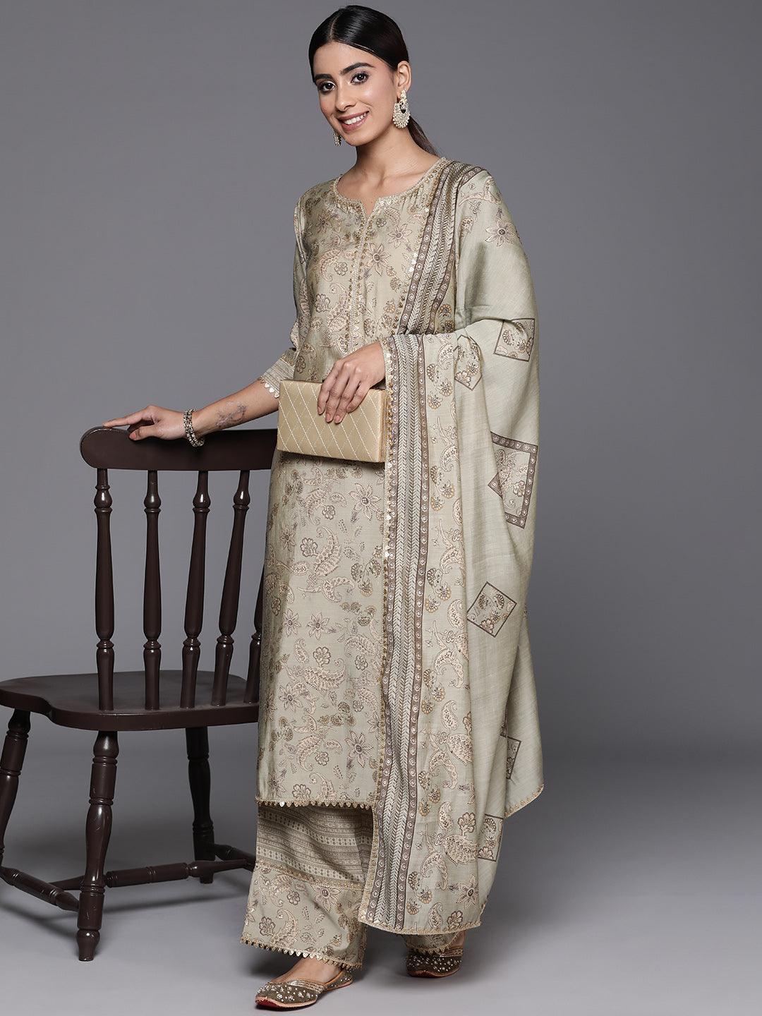Green Printed Silk Blend Straight Kurta With Palazzos & Dupatta - ShopLibas 