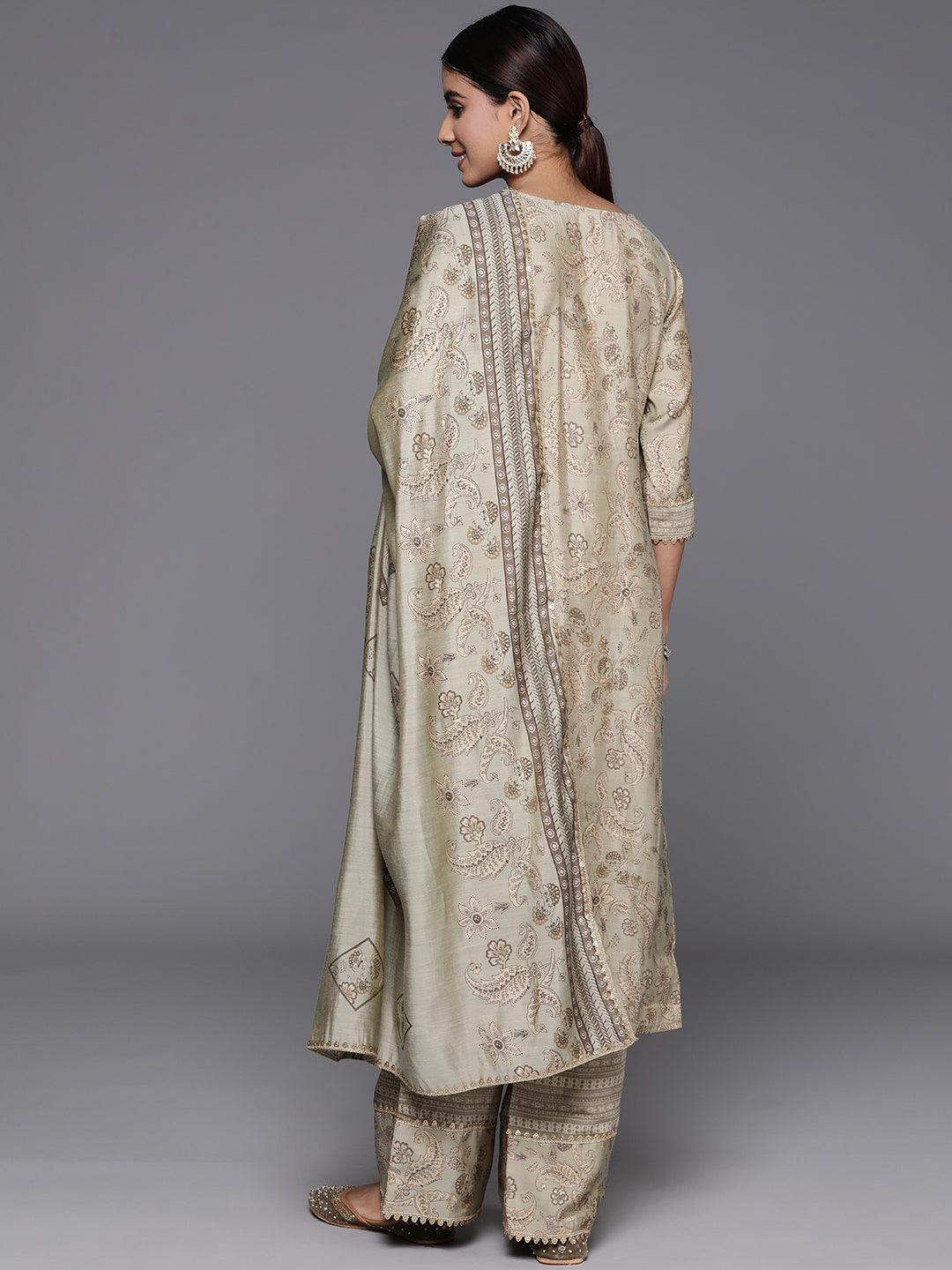 Green Printed Silk Blend Straight Kurta With Palazzos & Dupatta - ShopLibas 