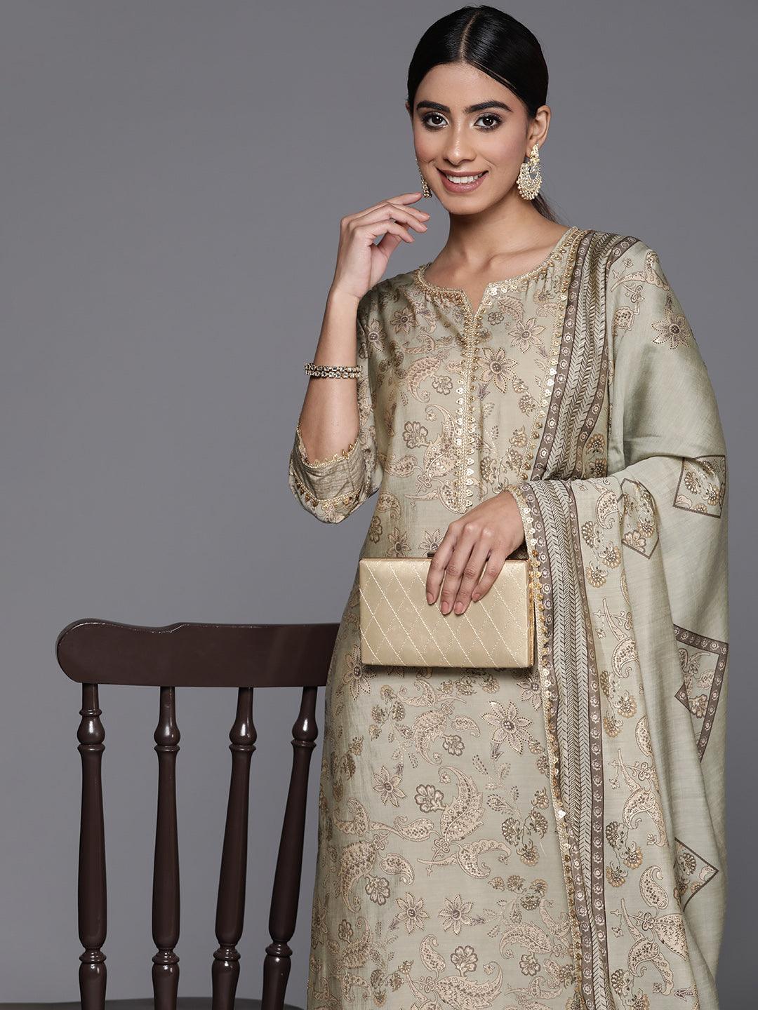 Green Printed Silk Blend Straight Kurta With Palazzos & Dupatta - ShopLibas 