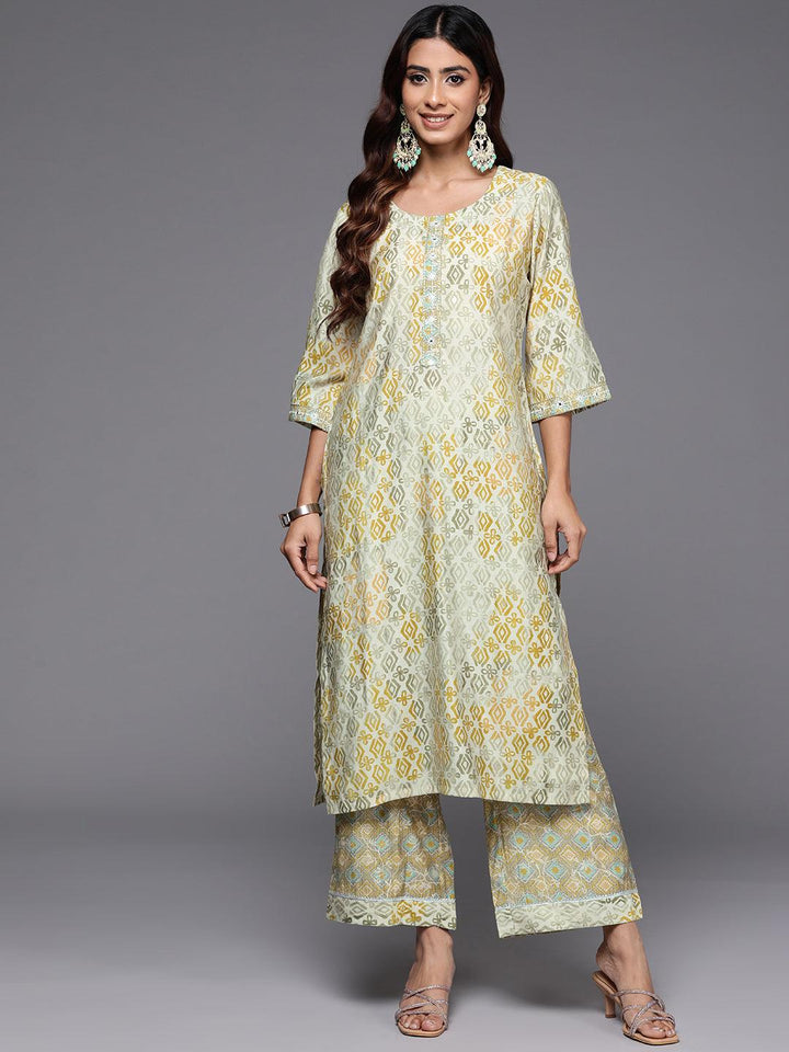 Green Printed Silk Blend Straight Kurta With Palazzos - ShopLibas