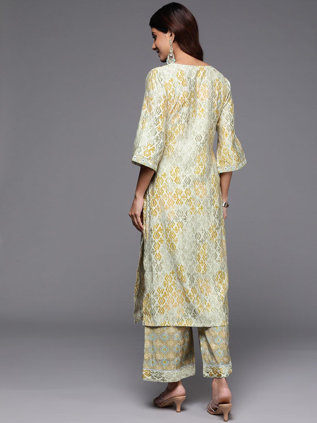 Green Printed Silk Blend Straight Kurta With Palazzos - ShopLibas