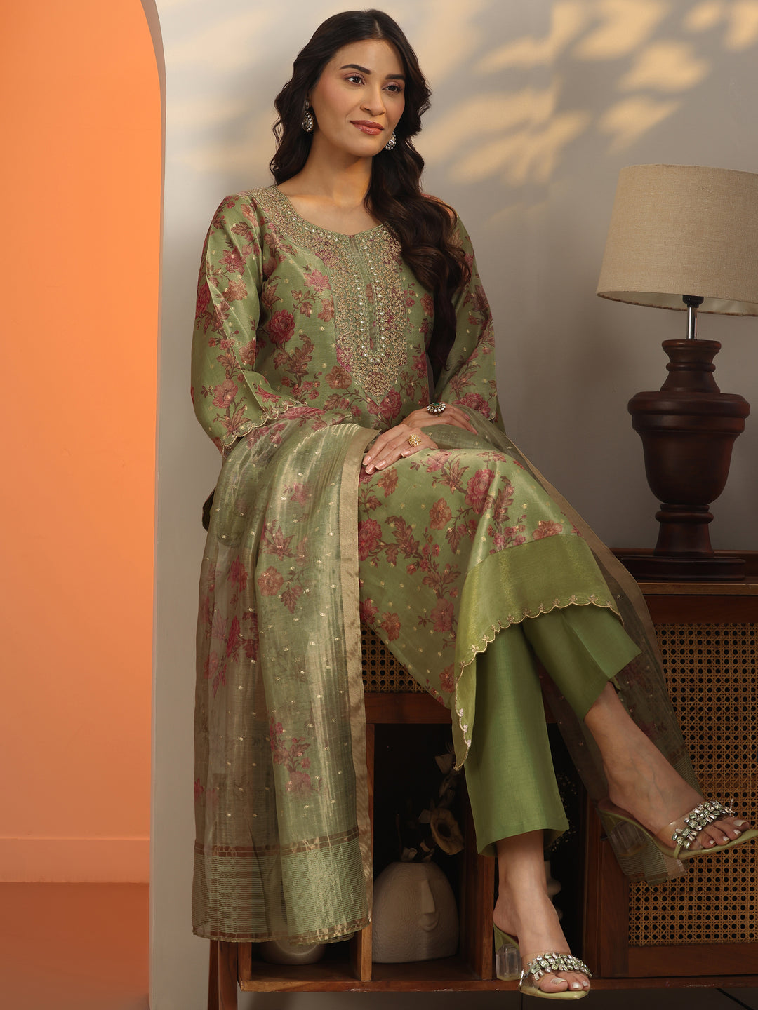 Green Printed Silk Blend Straight Suit Set With Dupatta