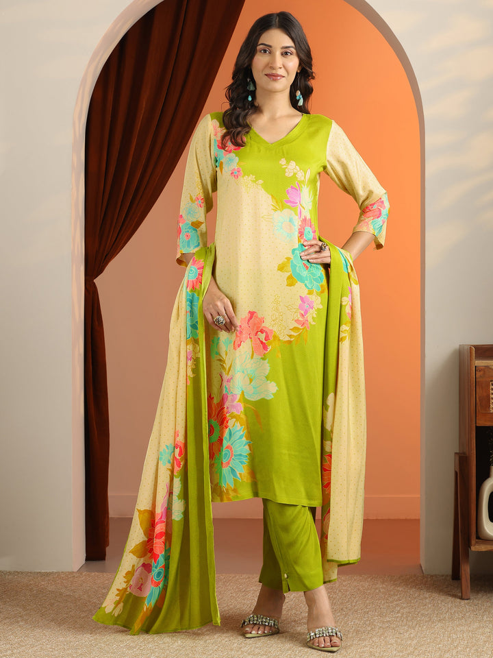 Green Printed Silk Blend Straight Suit Set With Dupatta