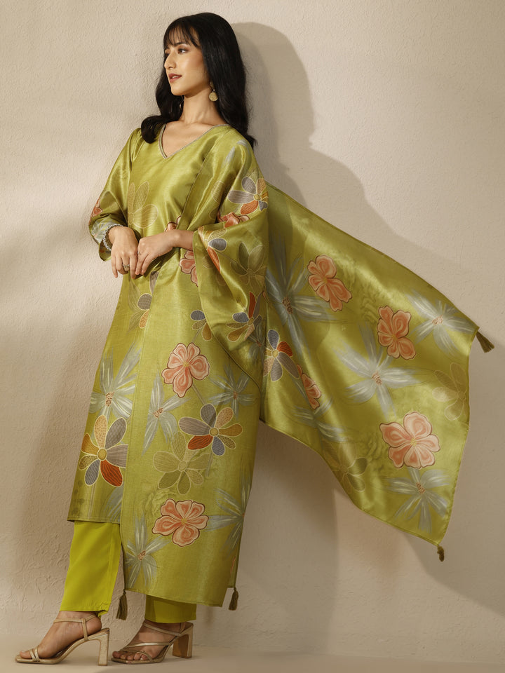 Green Printed Silk Blend Straight Suit Set With Dupatta