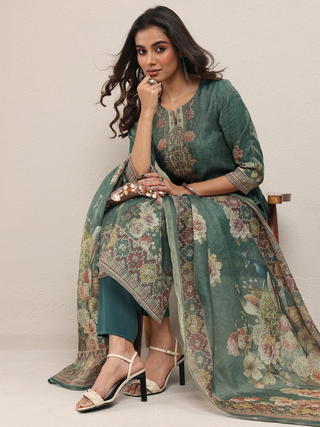Green Printed Silk Blend Straight Suit Set With Dupatta