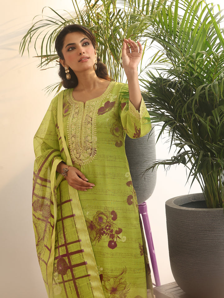 Green Printed Silk Blend Straight Suit Set With Dupatta