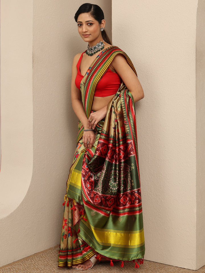 Green Printed Silk Saree With Unstitched Blouse Piece
