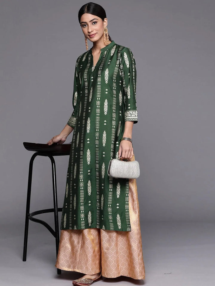 Green Printed Silk Straight Kurta - ShopLibas