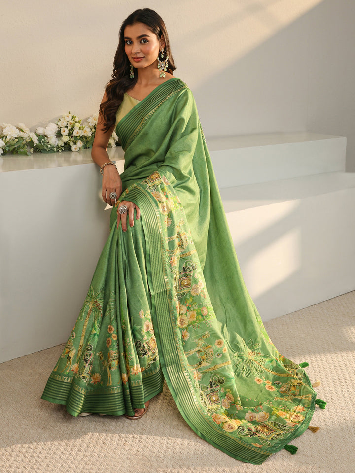 Green Royal Printed Silk Blend Saree With Unstitched Blouse Piece