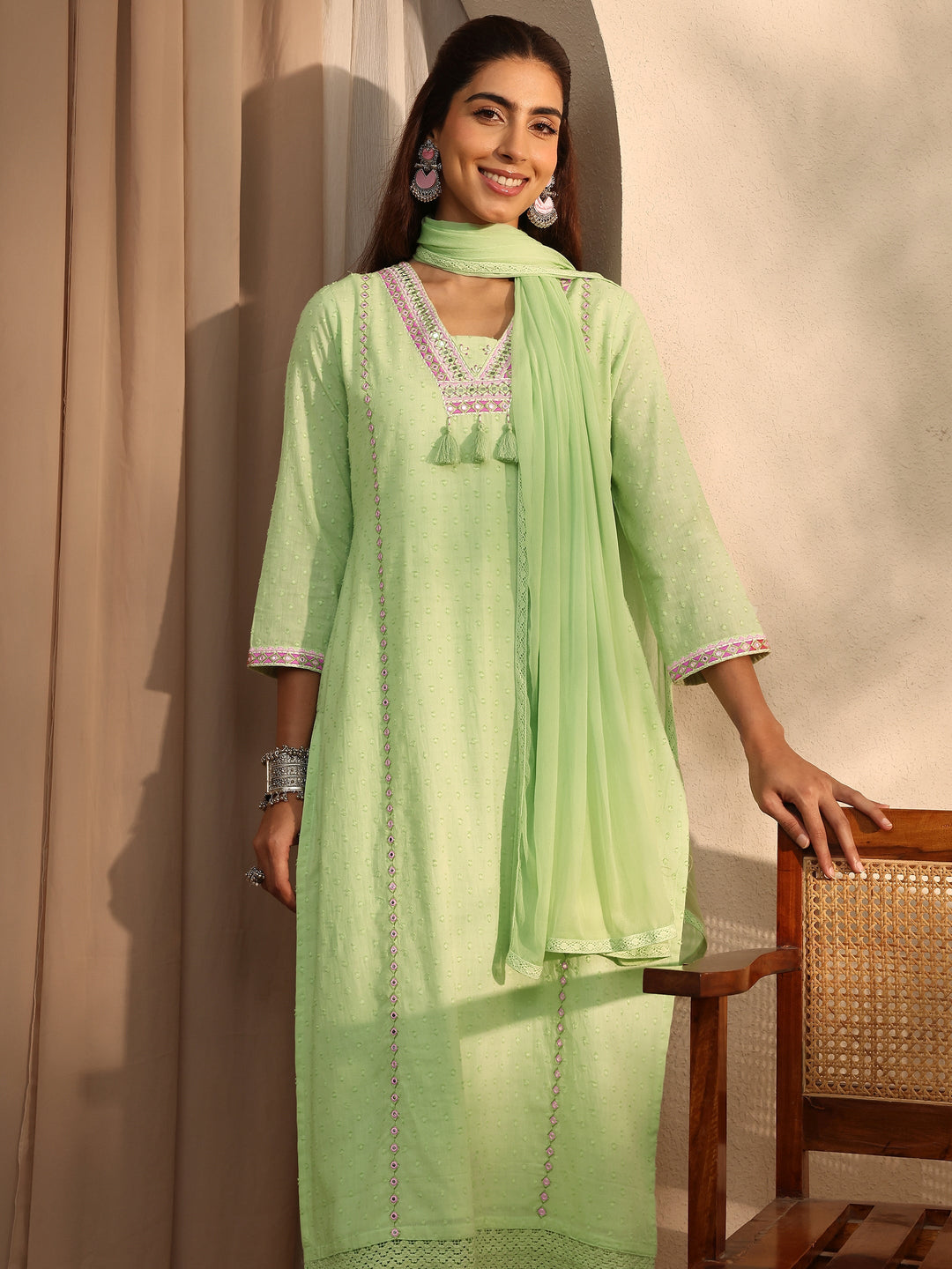 Green Self Design Cotton Blend Straight Kurta Set