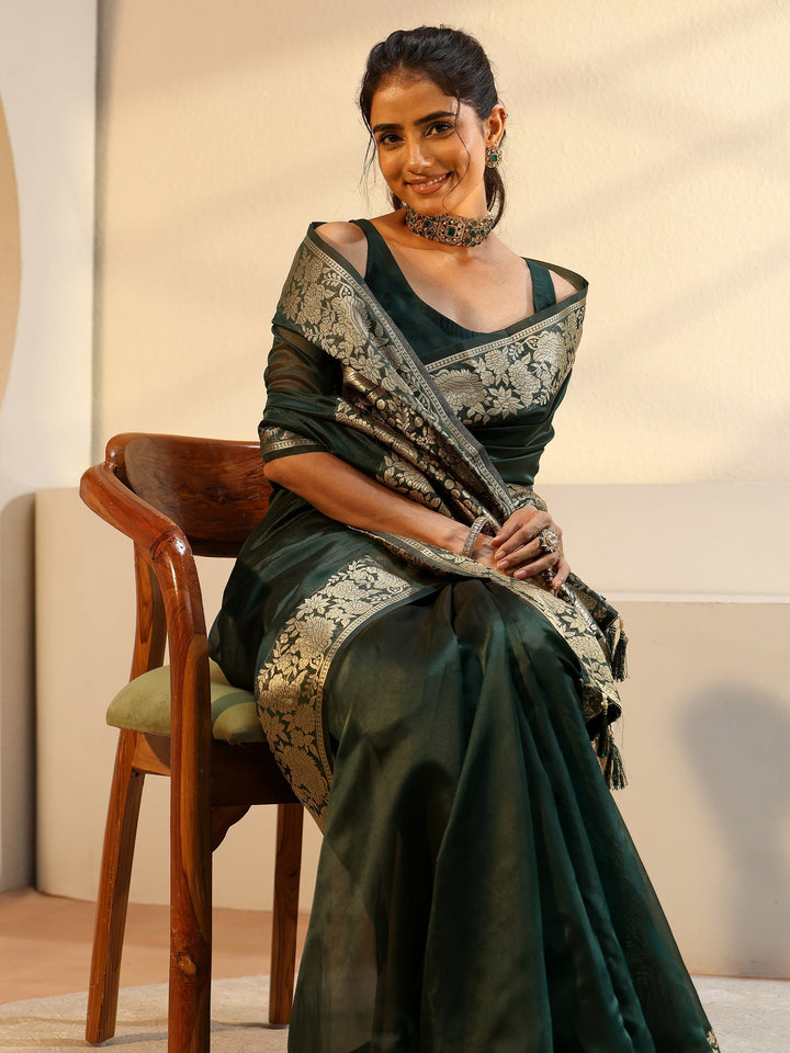 Libas Green Silk Blend Tassel Saree