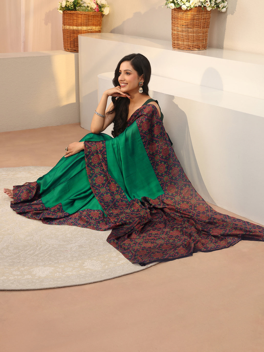 Green Chiffon Saree with Printed Border