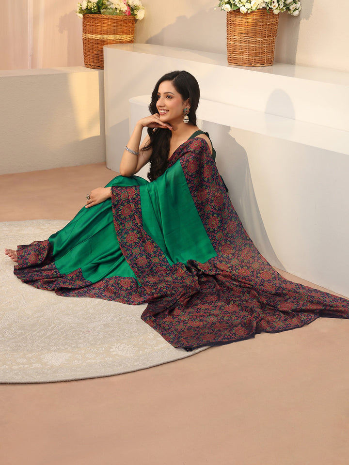 Green Chiffon Saree with Printed Border