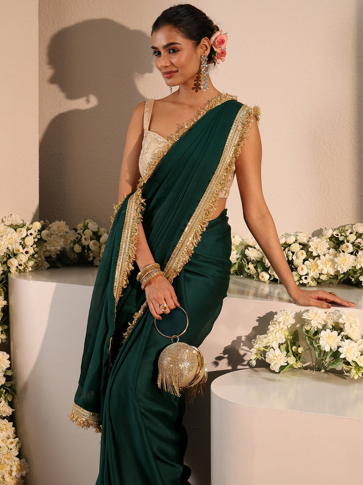 Green Solid Chiffon Saree With Unstitched Blouse Piece