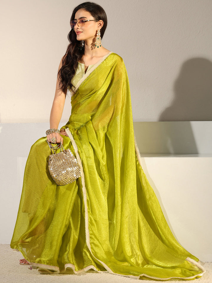 Green Solid Chiffon Saree With Unstitched Blouse Piece