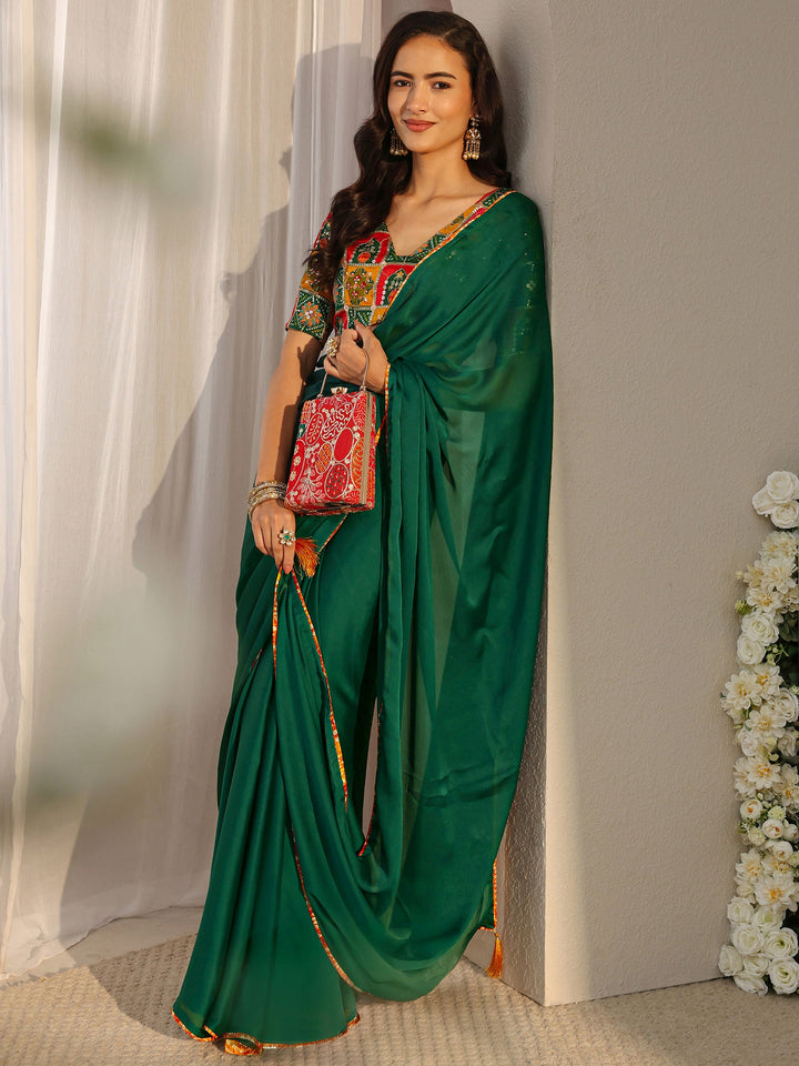 Green Solid Chiffon Saree With Unstitched Blouse Piece