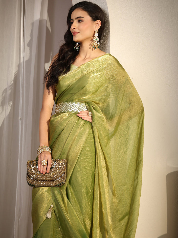 Green Solid Chiffon Saree With Unstitched Blouse Piece And Waistbelt