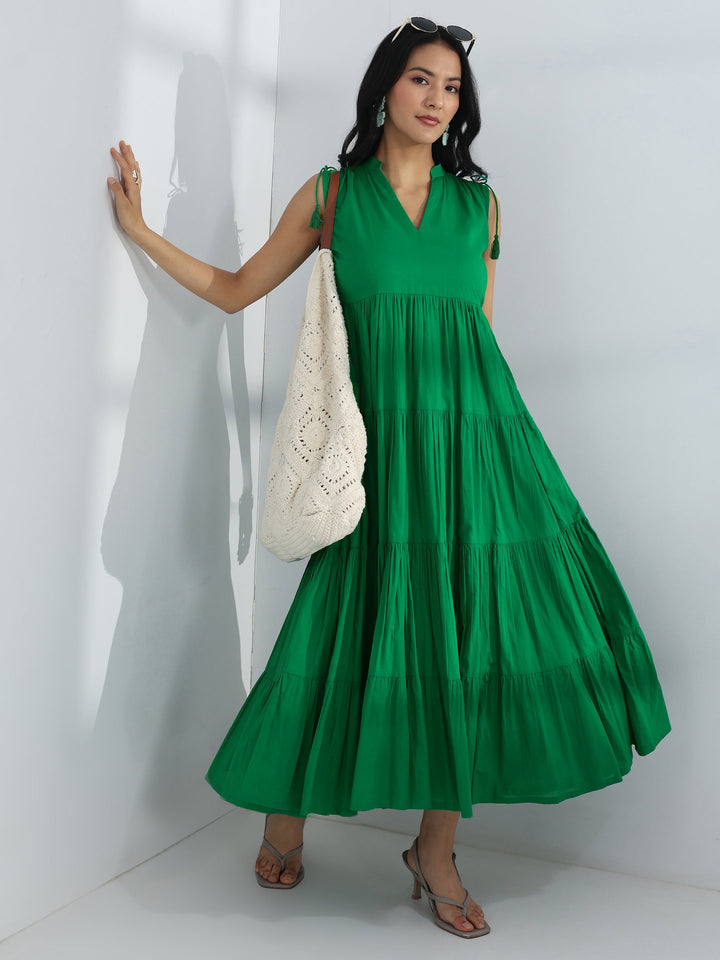 Green Solid Cotton A-Line One-Piece Tiered Dress