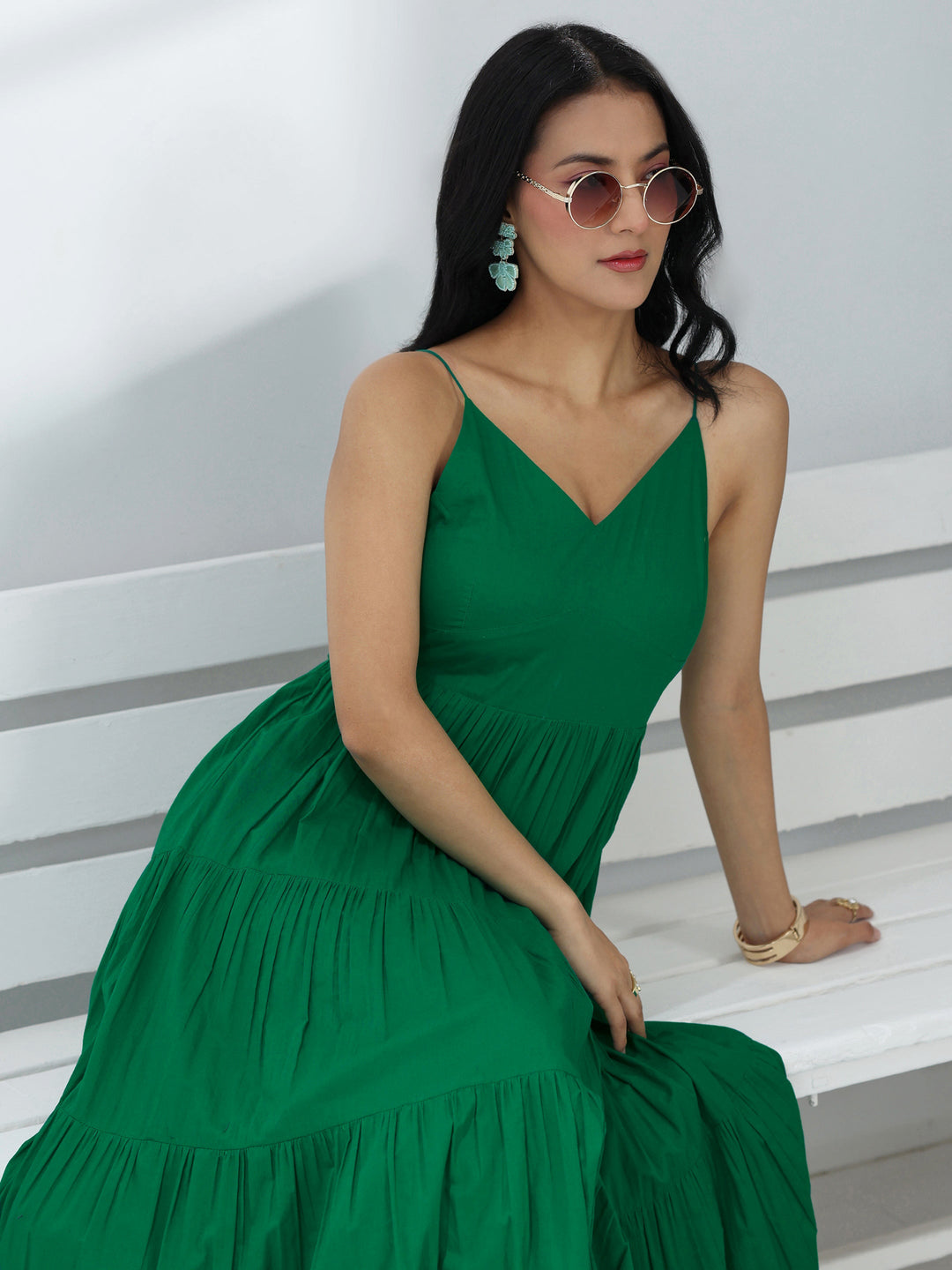 Green Solid Cotton A-Line One-Piece Tiered Dress