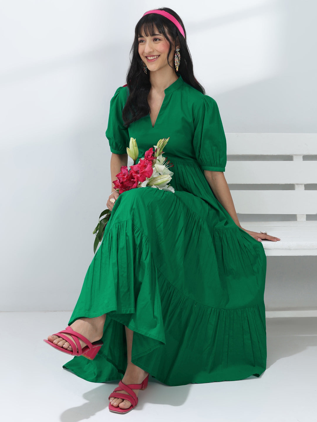 Green Solid Cotton One-Piece Tiered Dress