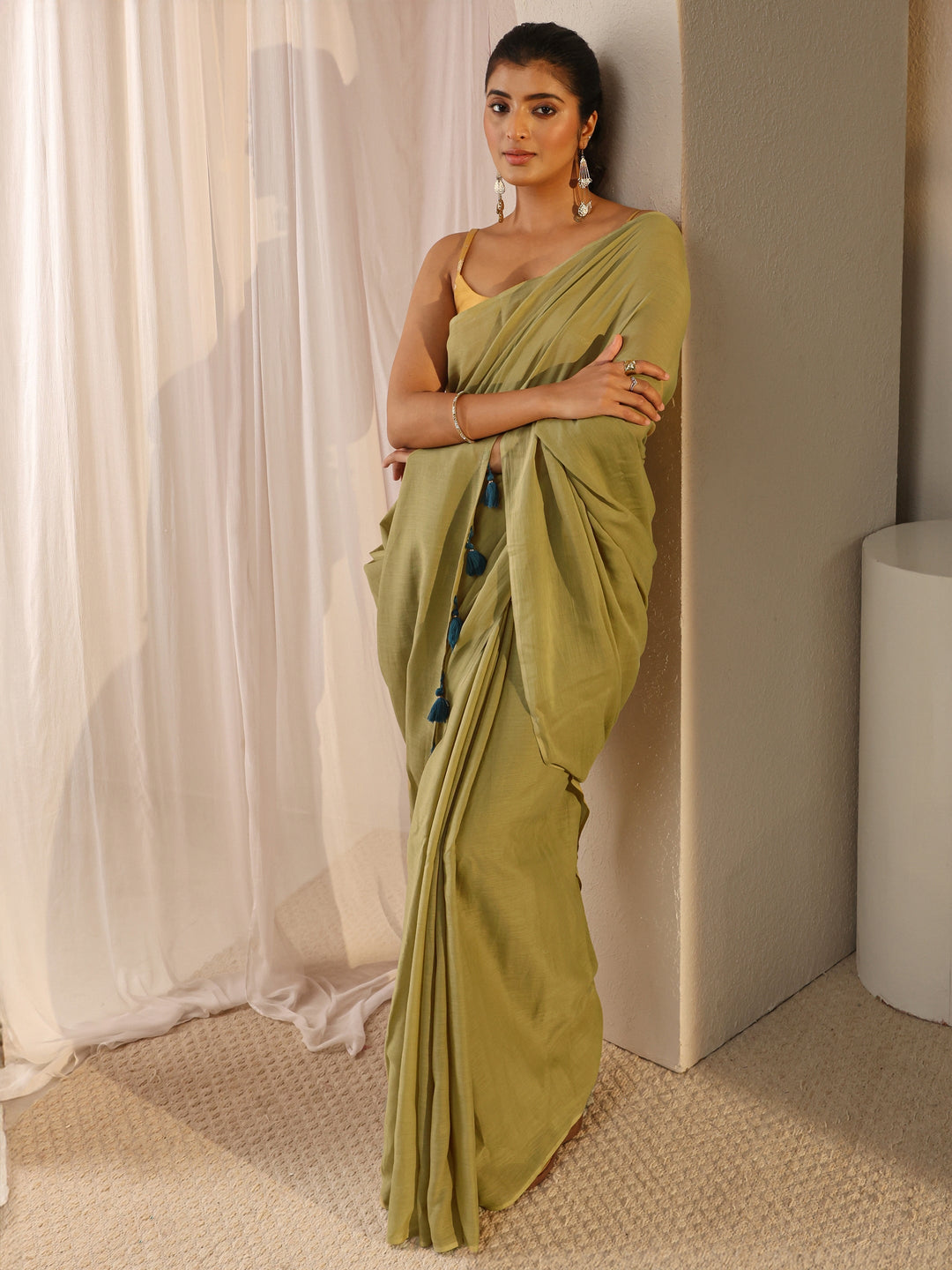 Green Solid Cotton Tassel Saree