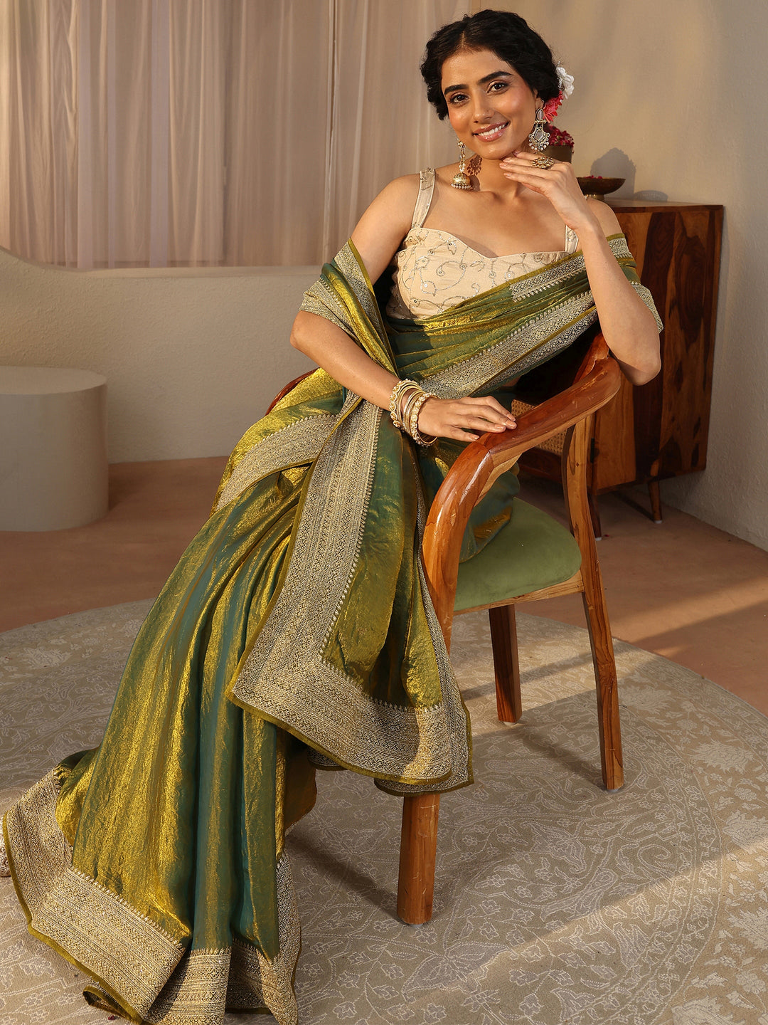 Green Solid Glossy Tissue Saree