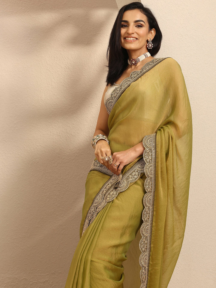 Green Solid Organza Saree With Unstitched Blouse Piece