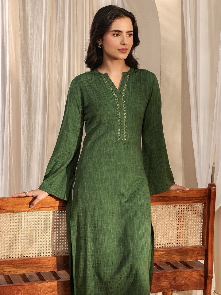 Green Solid Rayon Straight Kurta