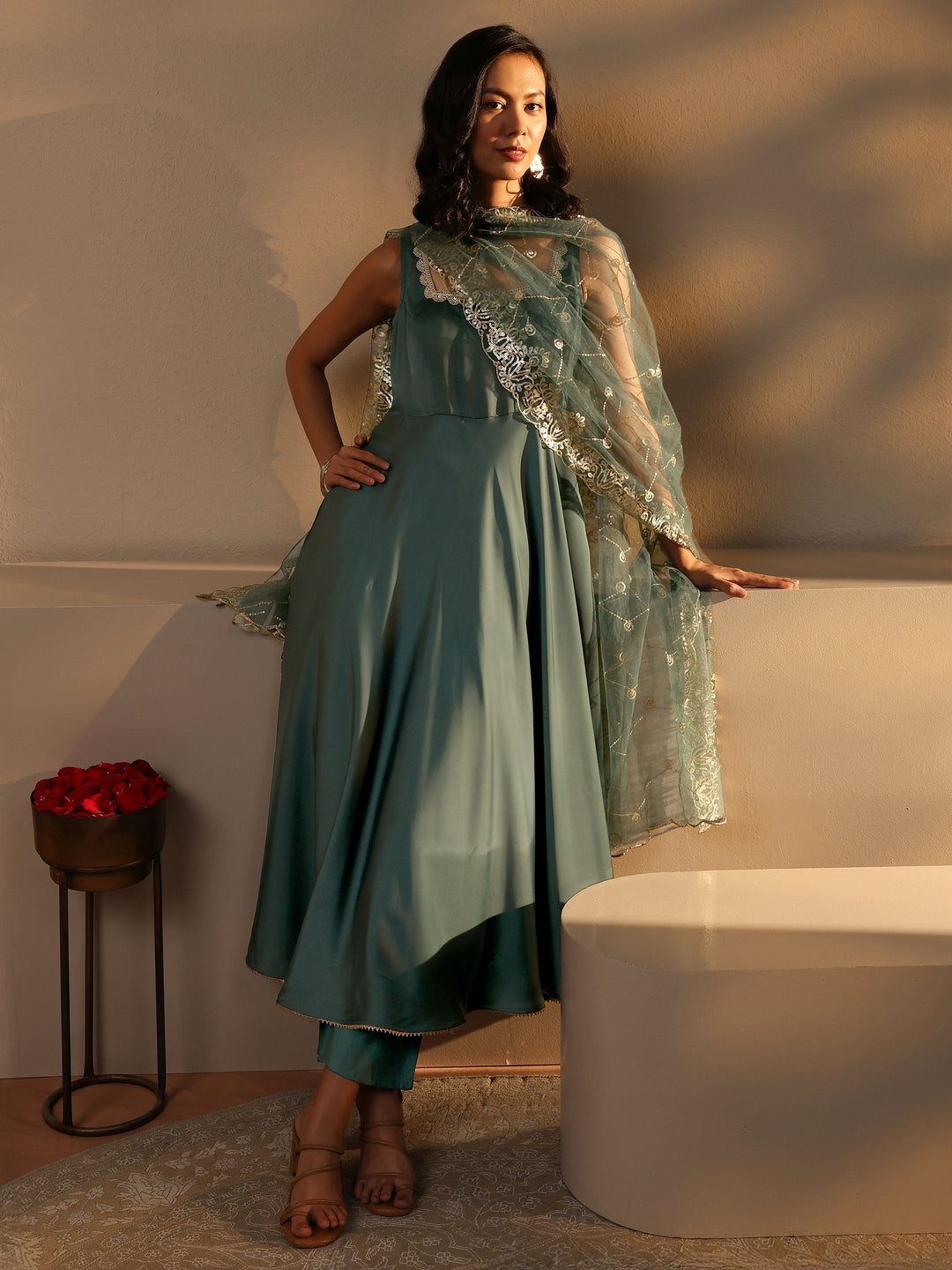 Green Solid Satin A-Line Suit Set With Dupatta