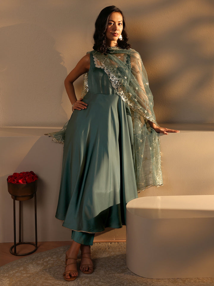 Green Solid Satin A-Line Suit Set With Dupatta