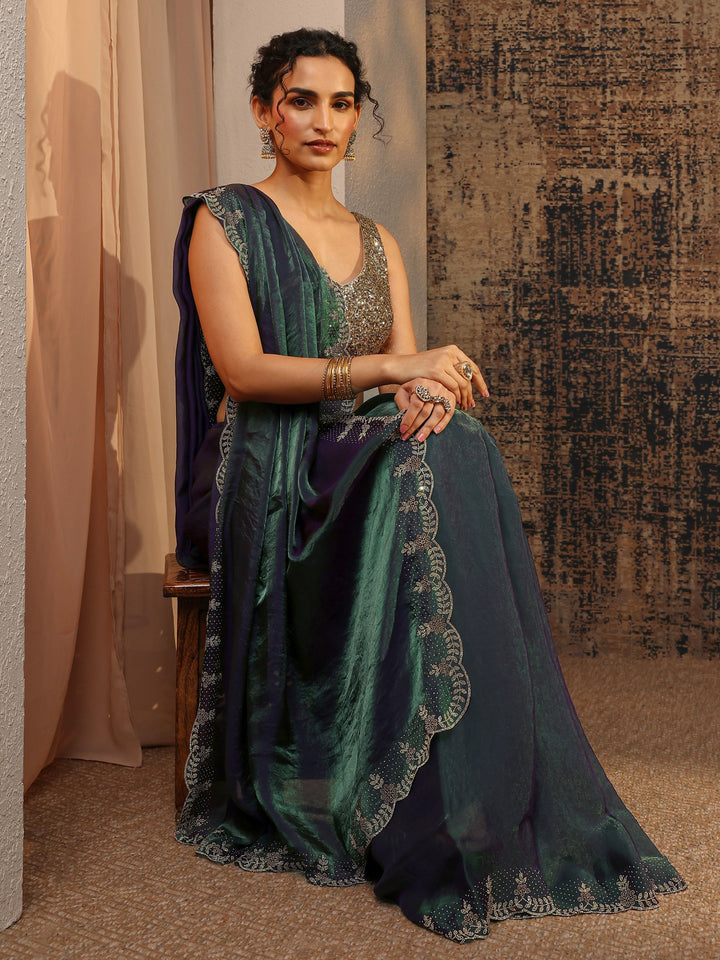 Green Solid Satin Saree With Unstitched Blouse Piece