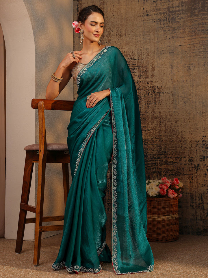 Green Solid Satin Saree With Unstitched Blouse Piece