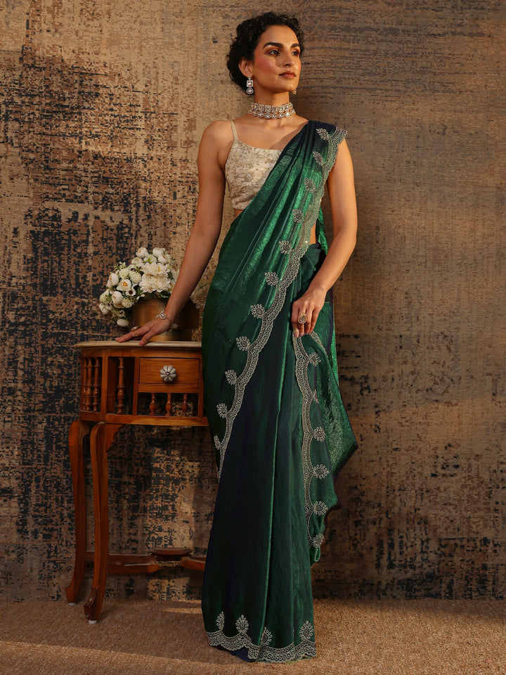 Green Solid Satin Saree With Unstitched Blouse Piece