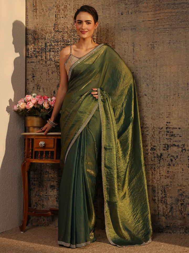 Green Solid Satin Saree With Unstitched Blouse Piece